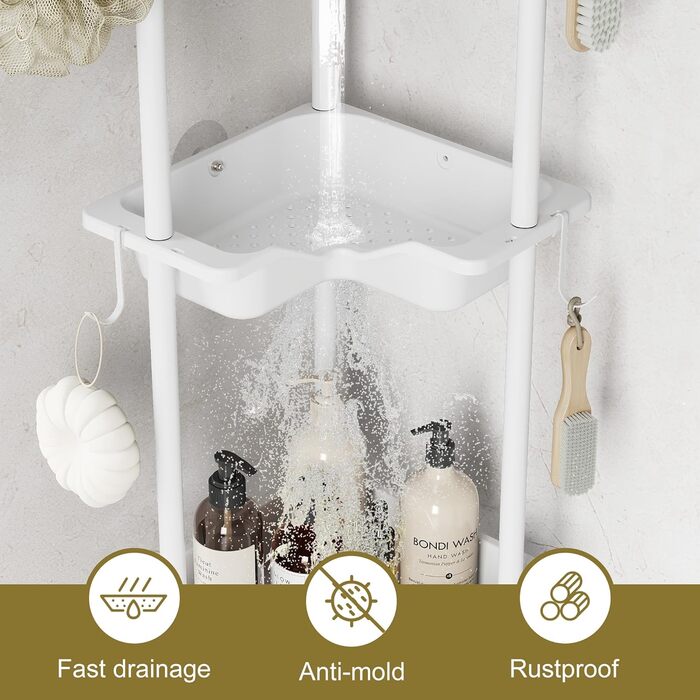Orimade 4 Piece Shower Shelf Standing Stainless Steel, Shower Storage without Drilling, Corner Shelf with 4 Hooks, Plastic-Metal Construction 25.5 x 25.5 x 103 cm White