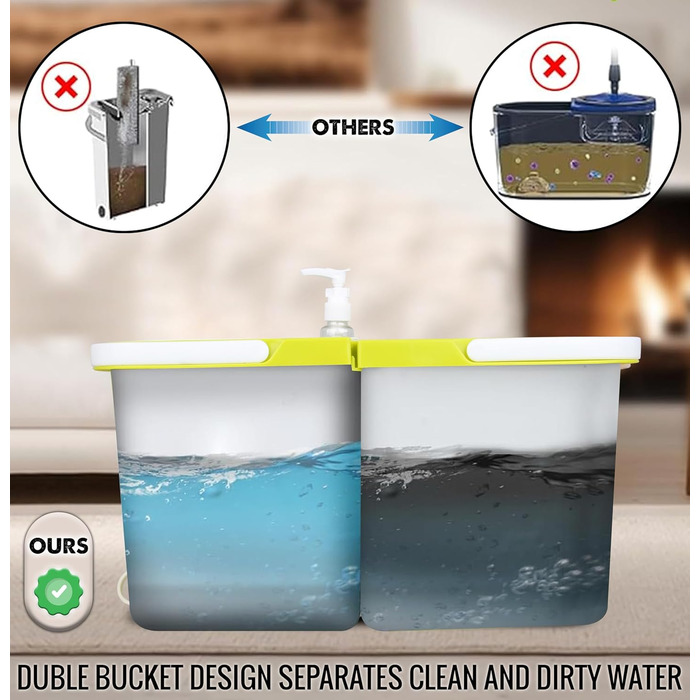 Набір для миття підлоги ARSUK з відром та механічним віджимом – набір для прибирання будинку | Відро для миття підлоги з мікрофіброю та 360° обертанням – ідеально для паркету, плитки та ламінату | 4 змінні насадки та утримувач для швабри з ароматом лимона
