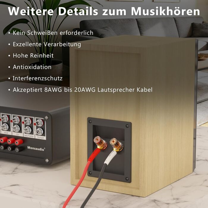 Комплект позолочених роз'ємів-вилок для акустичних кабелів Monosaudio SY1508G, чиста мідь, для кабелів 8-20AWG (до 4мм), 8 шт.