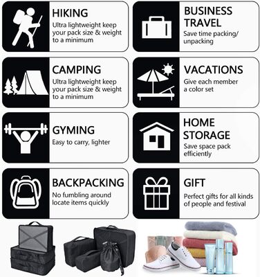 Органайзер для валізи: 8 комплектів/7 кольорів. Водонепроникмі сумки для взуття та компресійні мішки для подорожей (чорний)