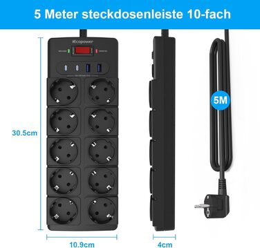 Многорозетка IECOPOWER з USB (PD 20W), захистом від перенапруги, 4000W/16A, 1050 Дж, з вимикачем, 5 м, чорна