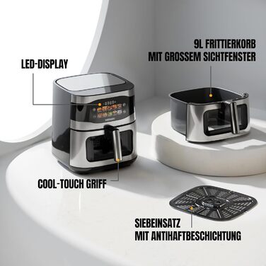 Фритюрниця повітряна HEINRICHS 9L XXL з LED-дисплеєм, 10-в-1, 1800W, без жиру, з таймером, сенсорне управління, для кухні