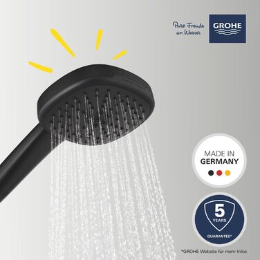 Душова лійка GROHE Vitalio 110 з гнучким шлангом та кріпленням, водозберігаюча, 8 л/хв (ручна лійка з 2 режимами, душова лійка з шлангом 1,5 м, кріплення на клейкій основі), квадратна, чорна