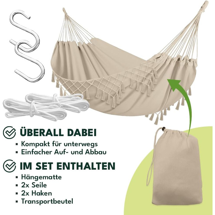 Гамак KRUMAD 260 см, до 250 кг, вологостійкий, бавовна-поліестер, для саду, балкону, кемпінгу, з дерев'яними розпірками та сумкою (Бежевий, 150x200 см)
