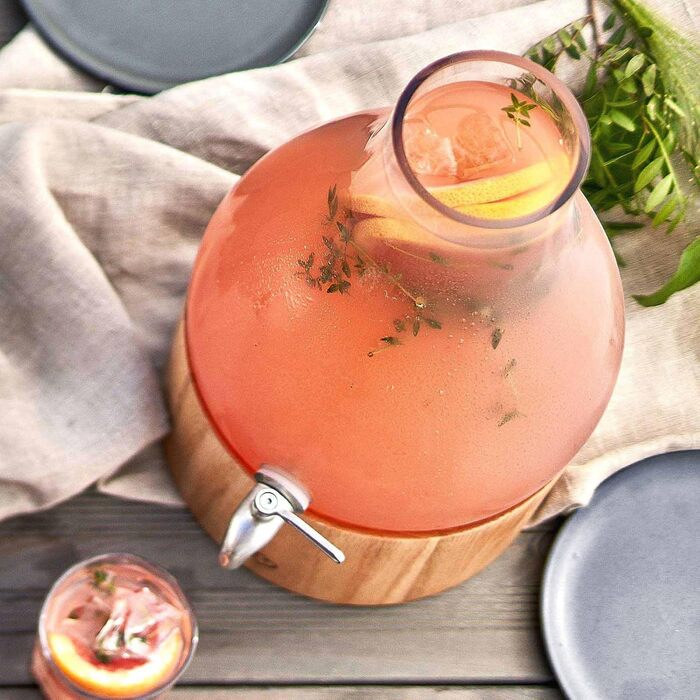 SPRINGLANE Glass Drink Dispenser 5.5 L Gloria with Stainless Steel Tap & Oak Wood Stand, Soda Dispenser, Vintage Design Mason Jar