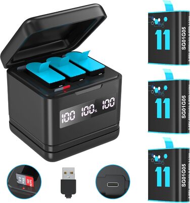 Акумулятор NOPWOK 3x2000mAh для GoPro Hero 9, 10, 11, 12 з зарядним пристроєм та SD-картрідер