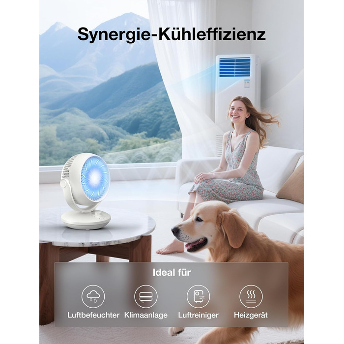 Вентилятор Acoolir тихий 24dB з двома осями обертання, 3 швидкості, компактний для спальні, офісу, вітальні, білий-сірий