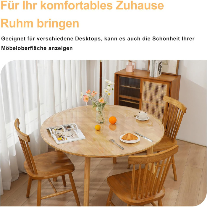 TIEHAN Round PVC Tablecloths, 1.5 mm thick, 110 cm diameter transparent round table cover, waterproof plastic placemats desk pads table protectors