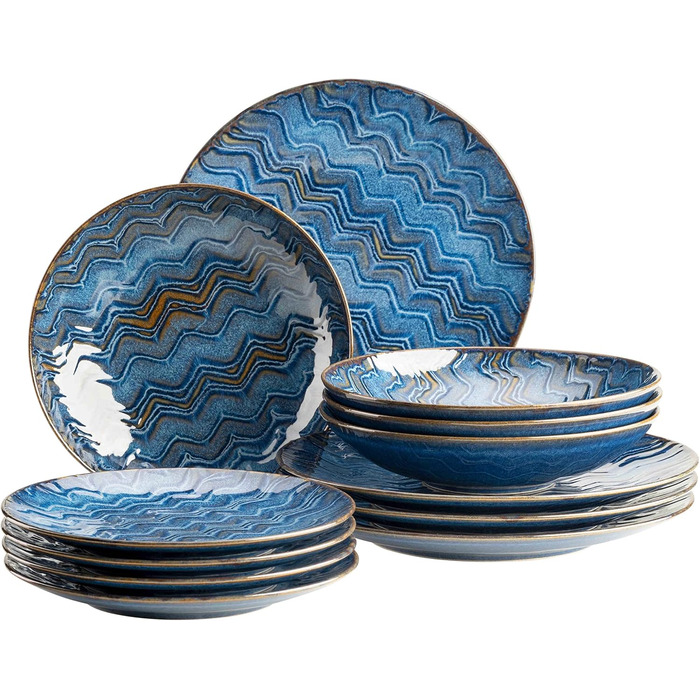 Набір тарілок MÄSER Aquamarine (12 шт.) з якісної кераміки: великі, супові та десертні. Керамічний посуд для 4 осіб, блакитний колір, з візерунком.