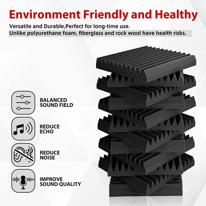 Акустичний поролон Foneso для звукоізоляції, панелі-поглиначі шуму 30x30x5 см, висока щільність 25кг/м³, 3D шумопоглинаючі плити для студії, офісу та кімнати запису, чорний (52 шт, з клейкою стрічкою)