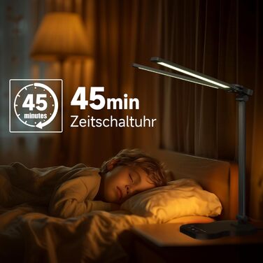 LED лампа настільна з двома руками, 5 кольорів та 10 рівнів яскравості, таймер вимкнення 45 хв, сенсорне керування, для навчання (біла) (чорна)