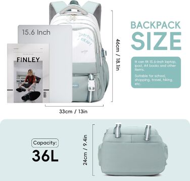 Шкільний рюкзак для підлітка, 36L, для дівчаток 3-9 клас, великий стильний рюкзак для ноутбука 16 дюймів, повсякденний, сумісний з візком (світло-блакитний)