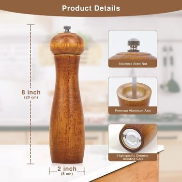 Дерев'яні соляні та перечні млини, 20 см, регульована ступінь помелу, ручні, з дуба, для кухні - набір 2 шт.