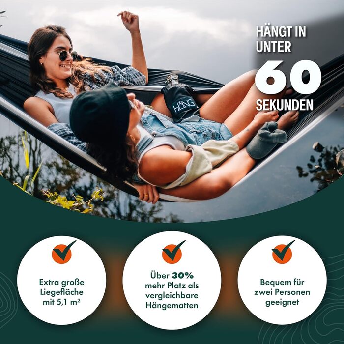 Гамак подвійний HÄNG XXL 300x170 см для кемпінгу, подорожей та саду - чорно-білий, з комплектом кріплень, витримує до 200 кг