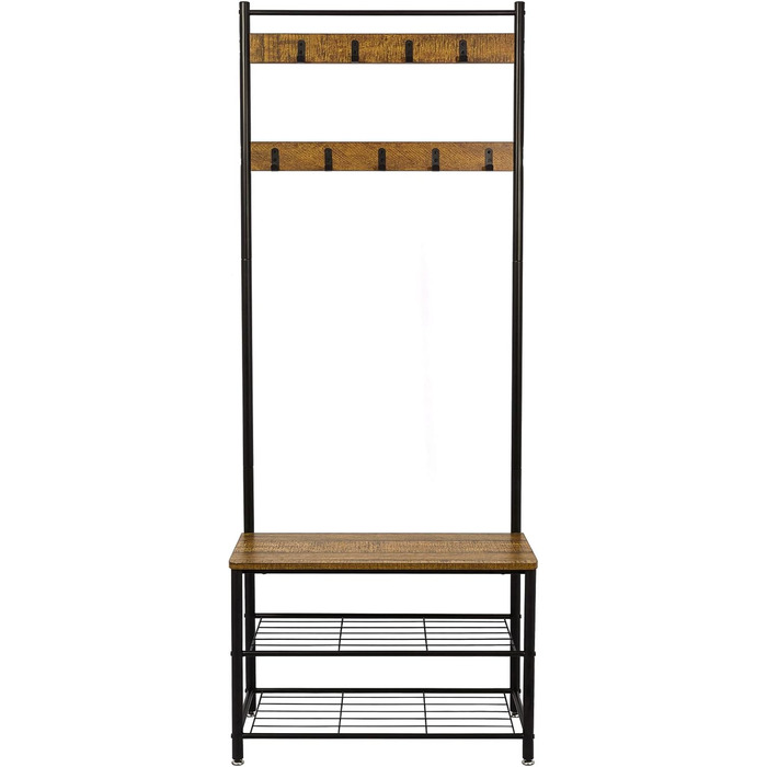 Mondeer Coat Rack, Shoe Rack with Coat Rack, 3 Shelves and 9 Detachable Hooks, Industrial Design, Metal and Wood Construction, 70 x 32 x 175 cm, for Entryway, Brown