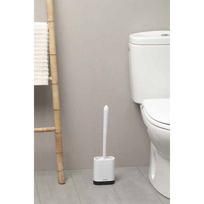 ТАТАЙ Щітка для унітазу з нержавіючої сталі з підставкою | Сучасний дизайн | З внутрішнім контейнером | Легко миється | Для гігієни у ванній кімнаті | 9 x 9 x 37 см | Силіконова щітка