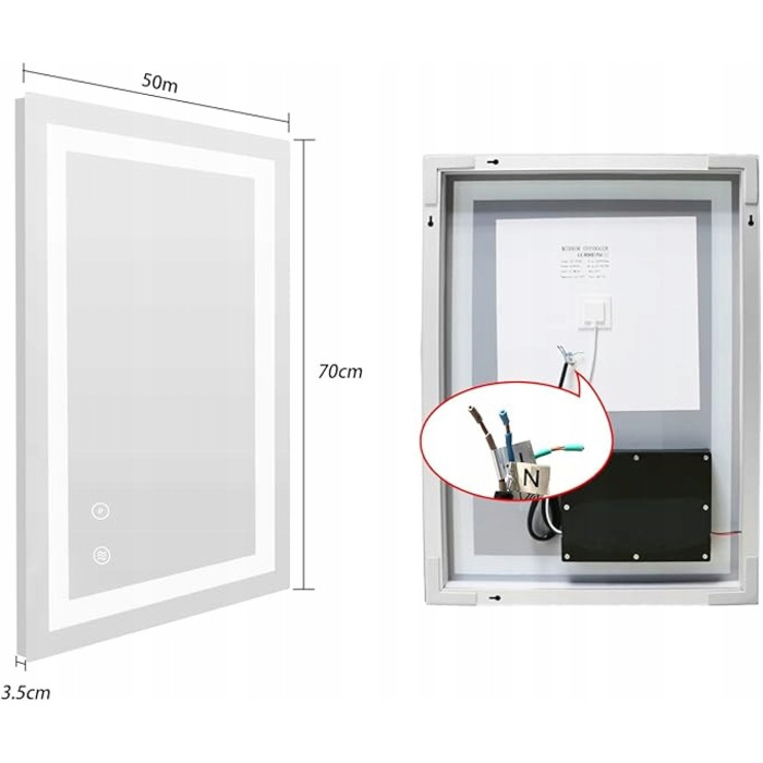 LED-дзеркало у ванну кімнату 50 x 70 см, з функцією підігріву (антизапотівання)