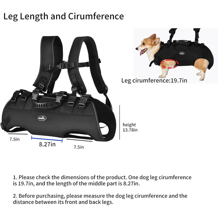 Сумка-переноска для собак великих порід Wakytu: переноска-рюкзак для собак з проблемами суглобів, травмами, літніх собак. Максимальна вага 30-40 кг, чорна, 4XL
