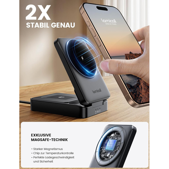 Зарядний станція Lamicall 3-в-1 для MagSafe: iPhone, Apple Watch, AirPods. Складана, портативна, бездротова. Сумісна з iPhone 17/16/15/14 Pro Max Plus Air.