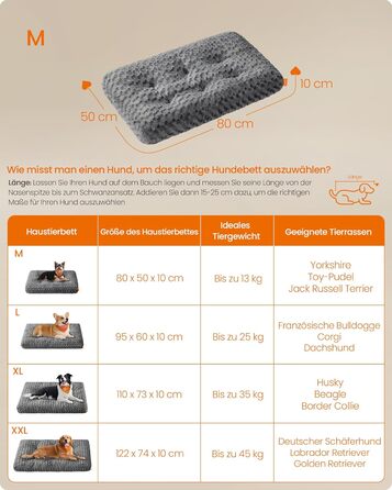 Ліжко для собак Feandrea, XL, для великих собак, м'яка подушка, плюш, 110 x 73 см, з м'яким наповнювачем, можна прати, неслизьке, сірий PGW293GN01 (M (80 x 50 x 10 см))