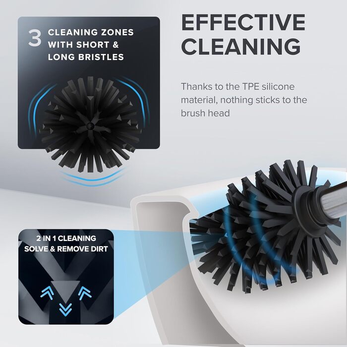 Набір для чищення унітазу Ingoy | Силіконова щітка для унітазу | Чорний | з нержавіючої сталі з кришкою | для ванної та гостьового WC | знімний насадкою | Сріблястий дизайн