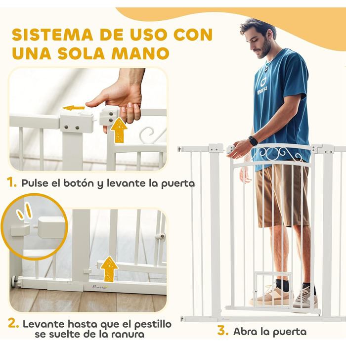 Бар'єр для собак PawHut - регульований, 76-104 см, білий. Безпечне огорожа з двома розширеннями, подвійний замок та маленькі дверцята для сходів та дверей.