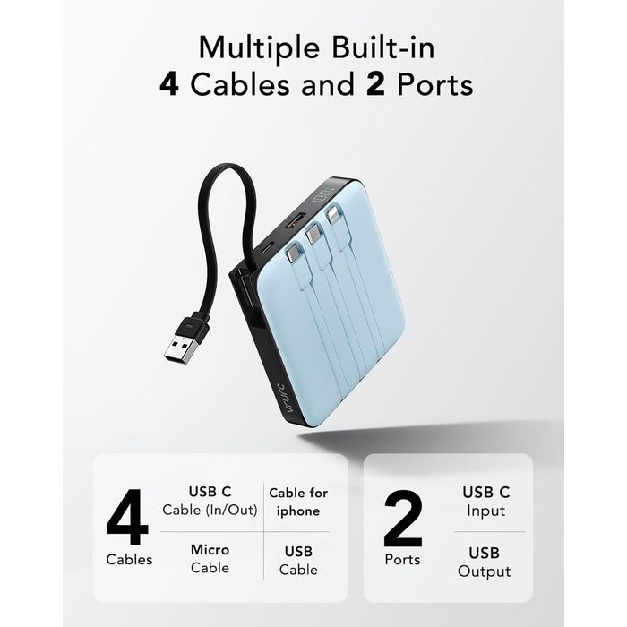 Power Bank VRURC 20000mAh з кабелем: компактний, швидка зарядка, 4 виходи, LED-дисплей, блакитний. Сумісний з iPhone, Huawei, Samsung.