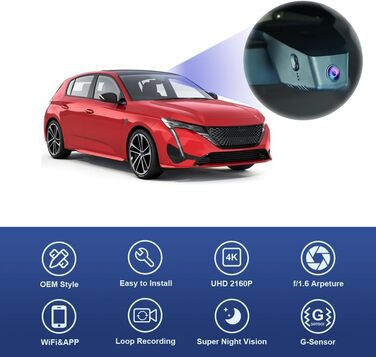 Відеореєстратор Fitcamx 4K для Peugeot 308 (2021-2025) HD2-J6333. Автомобільний реєстратор UHD 2160P WiFi, з акумулятором, G-сенсором, Loop-запис, 64GB карта пам'яті