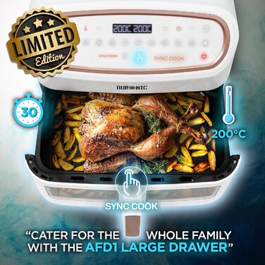 Фритюрниця Duronic AF34 WE XXL з 2 камерами, 10л, без олії, Air Fryer для приготування картоплі фрі, м'яса та іншого, великий об'єм