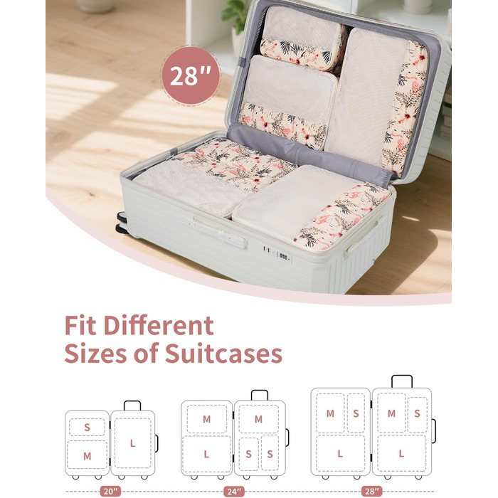 Органайзер для валізи Narwey 7 шт. Набір кубиків для пакування, рюкзак, органайзер для подорожей, дорожні сумки (Смугастий) (Z-бежевий Фламінго)