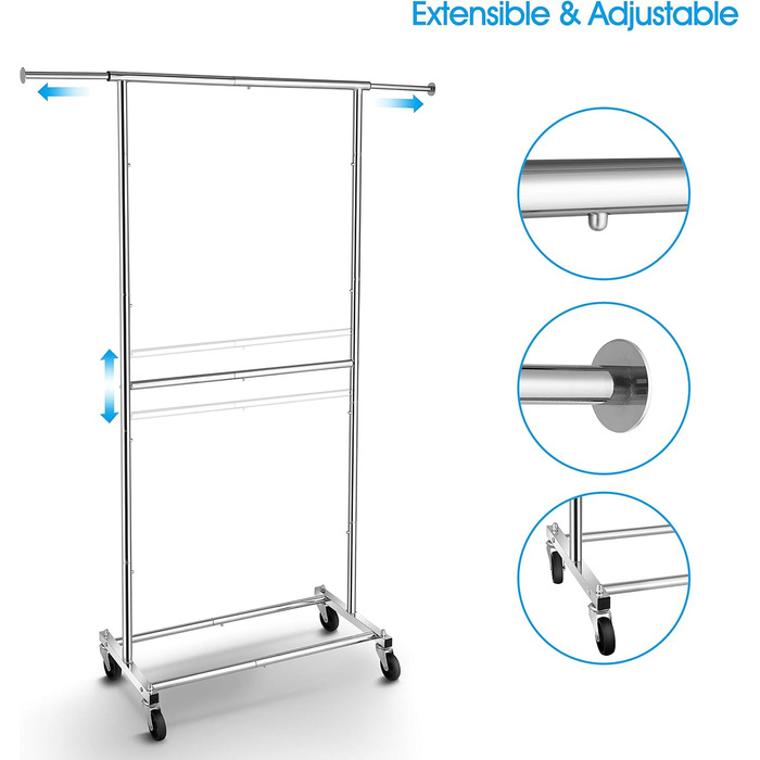 Simple Trending Clothes Rack with Double Rod, Rolling Garment Rack