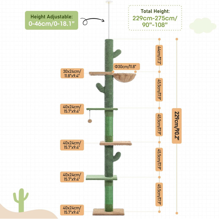 Комплекс для котів PAWZ Road, 5-ярусний, від підлоги до стелі, регульована висота, великий ігровий центр з когтеточкою, зручне ліжко, м'ячик-іграшка для котів/кошенят (зелений)