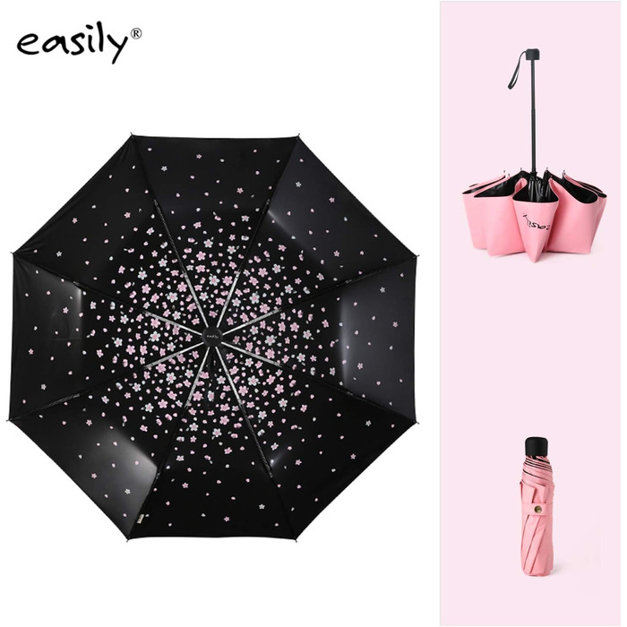 Зонт компактний, складаний, з UV-захистом, від Voy Lady – Рожевий, з квітковим малюнком (квіти сакури), діаметр у розкладеному стані 96 см