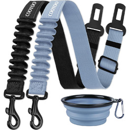 COOYOO Dog Safety Harness with Retractable Leash - Adjustable Car Seat Belt for Pets, Durable Nylon & Bungee Buffer - Black & Gray Blue Set