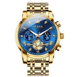 Годинник чоловічий OLEVS з металевим ремінцем, кварцовий, з місячною фазою, хронограф, водостійкий (2856 Blue / Gold)
