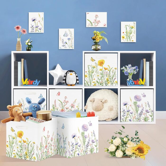 HUUMONSS 30cm Storage Box, 3 Pack, Garden Wildflower Storage Basket, Kids Foldable Spring Butterfly with Handles, Storage Cube Organizer for Toys, Books, Clothes