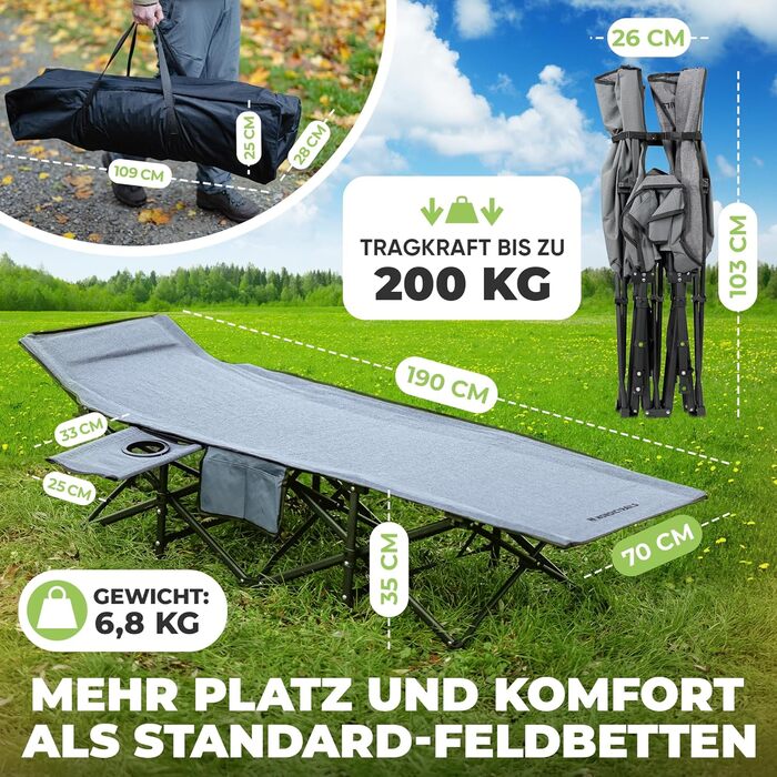 NORDICTRAILS Кемпінгове ліжко NORDICTRAILS - розкладне, XXL, комфортне | Для відпочинку на природі, як гостьове ліжко, для риболовлі | З надзвичайно м'яким матрацом (без наматрацника, сірого кольору)