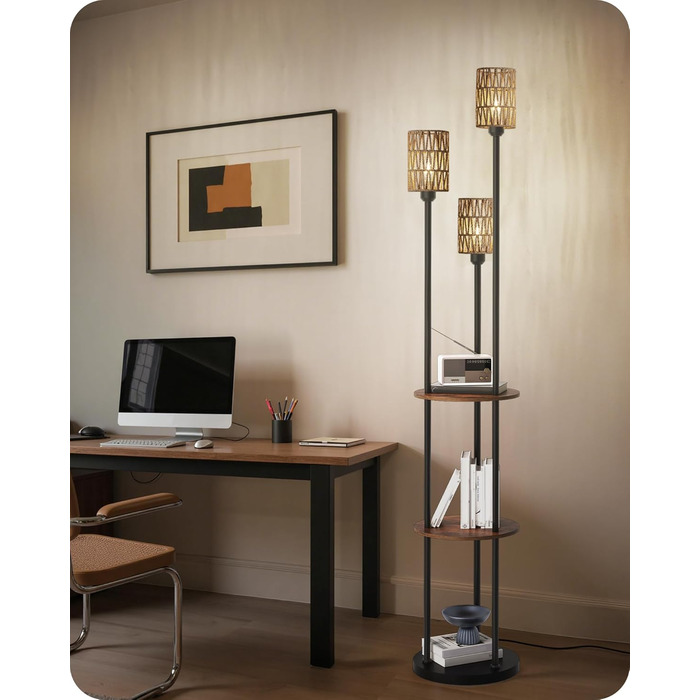 Стельова лампа для вітальні з полицею, 3-лампова торшер з етажеркою у стилі вінтаж, бохо торшер з дерева з вимикачем на ніжці, патрон E27, ретро-дизайн у кольорах коричневого та бежевого, ZEF53LDD05 (Ротанг, Чорний)