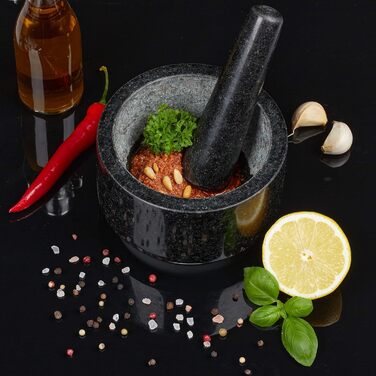 Гранітний ступка з толуштою Relaxdays – 14 см, 400 мл, сірий/білий | Для спецій та трав