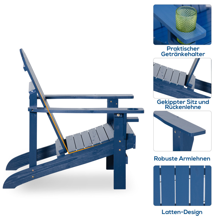 Крісло Adirondack Outsunny з підстаканником, масивне дерево, 97 x 72,5 x 93 см, синє крісло для балкону, саду та тераси