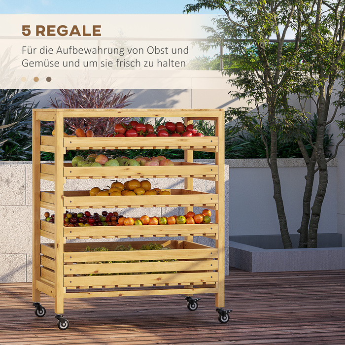 Outsunny Fruit and Vegetable Stand with Wheels, 5-Tier Vegetable Rack, Fruit Basket Stand for Vegetables up to 20 kg, Fir Wood, Natural