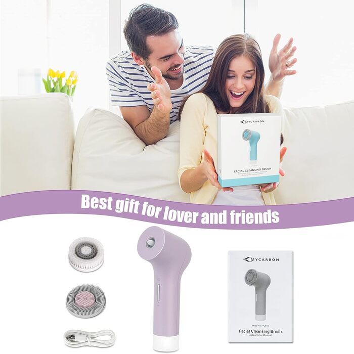 MyCarbon Electric Facial Cleansing Brush - IPX7 Waterproof, Rechargeable with USB Battery & 2x 360° Brush Heads for All Skin Types - Exfoliation & Deep Cleaning