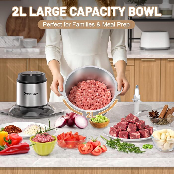 Електричний подрібнювач для кухні 2L з нержавіючої сталі. Подрібнювач для м'яса, овочів та цибулі з 4 лезами.