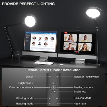 LED лампа настільна з денним світлом для відеоконференцій, офісна лампа з підставкою, регульована з 4 кольоровими режимами, 18W світло для відео, захищає очі, для дому та офісу, матовий білий (тінтовий чорний)