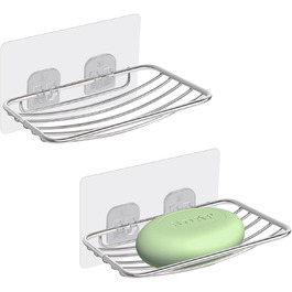 Тримач для мила без свердління Uten, нержавіюча сталь, самоклеючий, з 2 гачками, для ванної, кухні (сріблястий, овальний, 2 шт.)