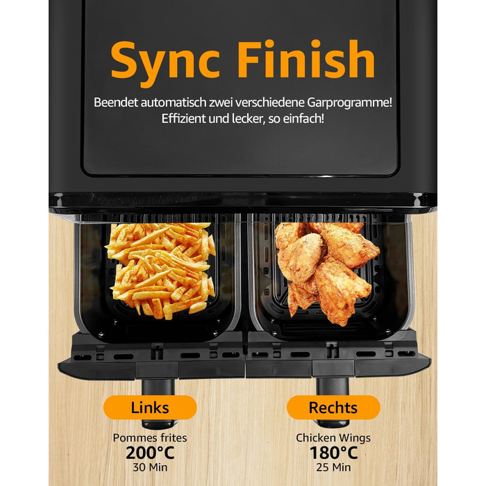 Фритюрниця повітряна Jacgood з 2 кошиками, 1800W, 9L, цифрове керування, 8 меню, з прозорим вікном