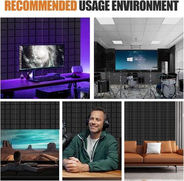 Акустичний поролон для звукоізоляції стін, панелі-поглиначі шуму 30x30x3 см, високощільний шумопоглинаючий матеріал для студії, офісу та кімнати запису, чорний (12 шт.)