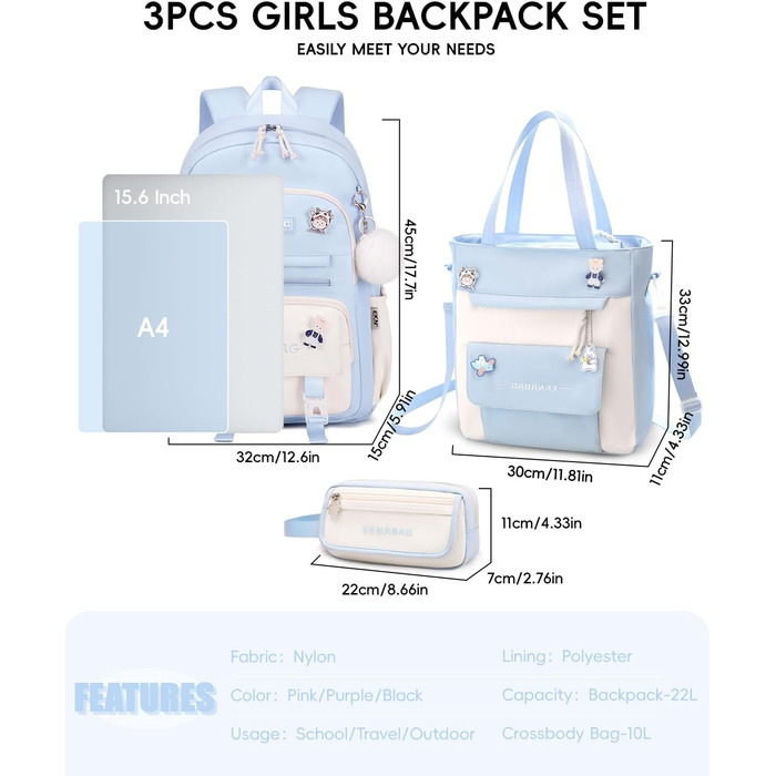 Рюкзак Tanou для дівчаток, шкільний набір: рюкзак, сумка через плече та пенал. Шкільний рюкзак для підлітків, casual, блакитний.