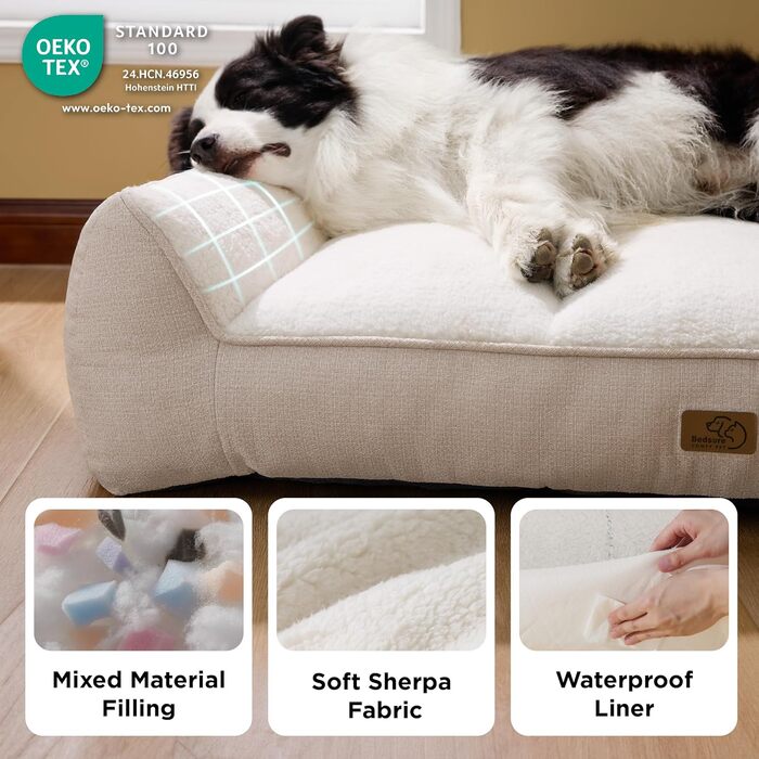 Крісло-ліжко для собак BEDSURE великих порід - 106x76 см, товста підтримка, водонепроникний чохол, антиковзаюча корзина, м'який плюш Sherpa, (122 x 89 x 25 см, кремовий)
