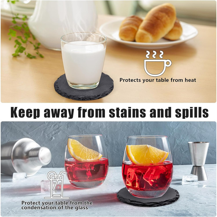 24-Piece Round Slate Coasters, VIBRATITE 10.2 cm, Black Slate Coasters with Scratch-Resistant Bottom for Drinks, Bar, Kitchen, Home Decor (6-Piece Round)